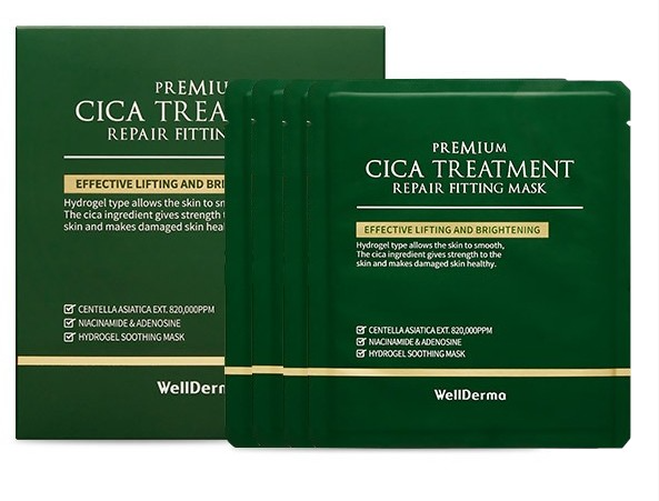 WellDerma Premium Cica Treatment Repair Fitting Mask Pack (4 Sheets) , 8809502183981 , Skincare bright, brightening, gel, healthy, hydrogel, lifting, mask, mask pack, mask set, repair, soothing