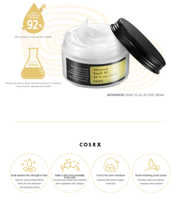 COSRX Advanced Snail 92 All in One Cream 100ml , 8809416470016 , Skincare all in one cream, cream, snail, Type_Cream